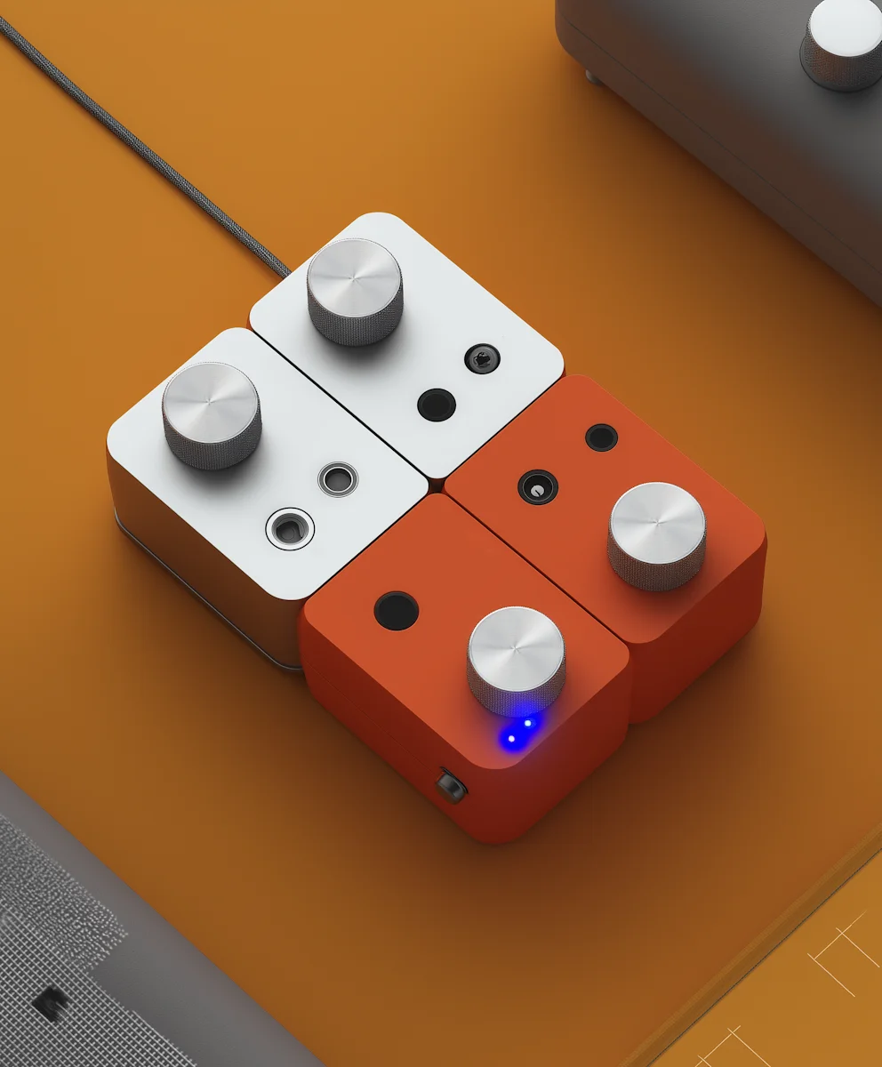 Vier modulare Audio-Steuereinheiten in Weiß und Orange mit silbernen Drehknöpfen, verbunden.