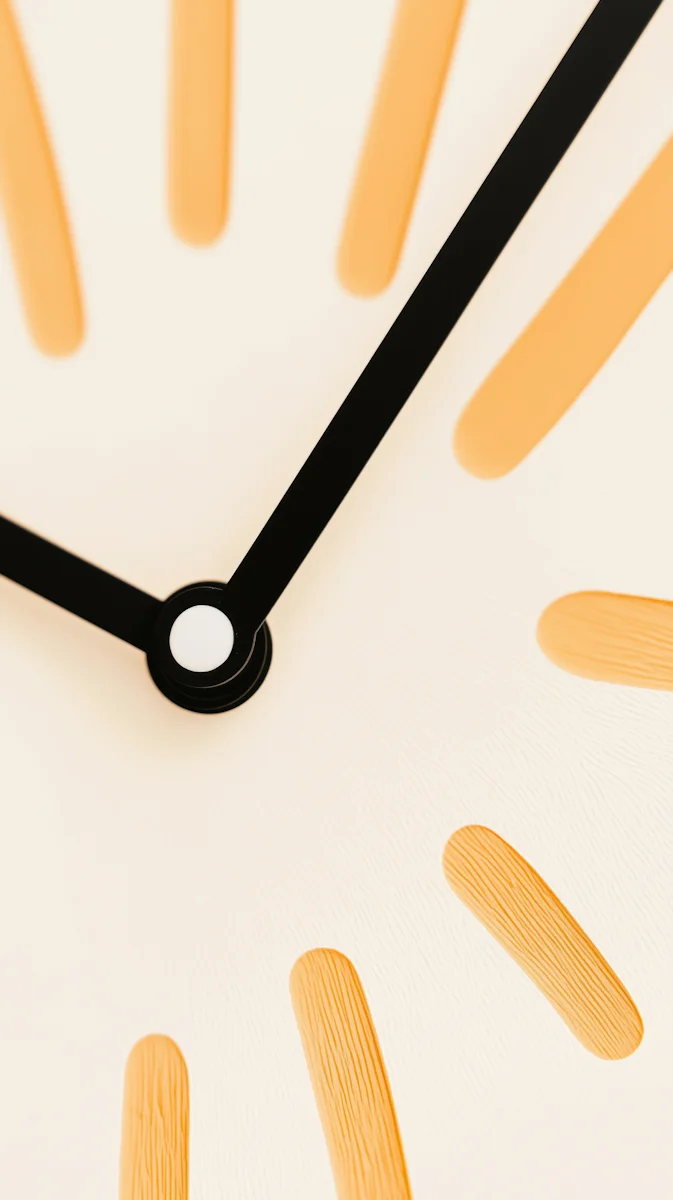 Nahaufnahme einer minimalistischen Uhr mit schwarzen Zeigern und orangefarbenen Stundenmarkierungen.