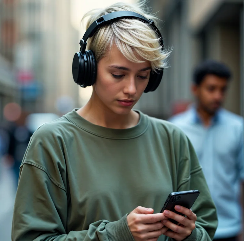 Junge Person mit kurzen blonden Haaren trägt Kopfhörer und schaut auf ihr Smartphone in der Stadt.