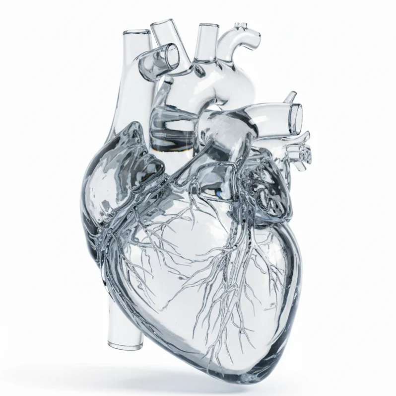 Transparentes Glasskulptur eines anatomisch korrekten menschlichen Herzens mit sichtbaren Gefäßen.